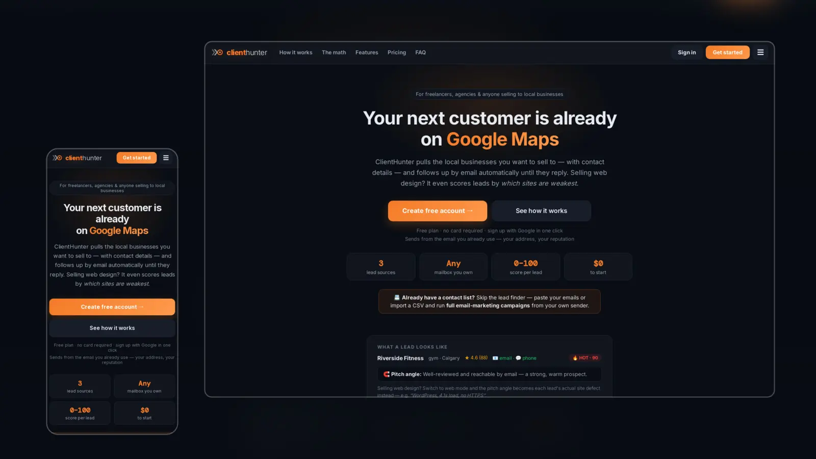 The ClientHunter app on desktop and mobile, showing the scored lead list.