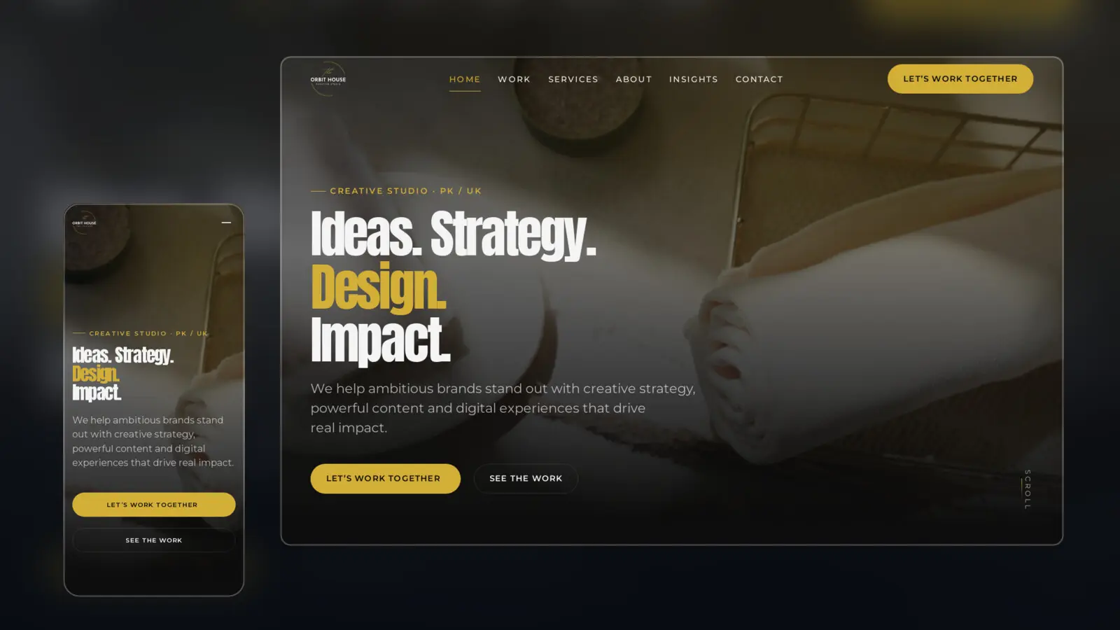 The Orbit House homepage on desktop and mobile: masked headline reveal over a full-bleed studio image, with the gold call to action.
