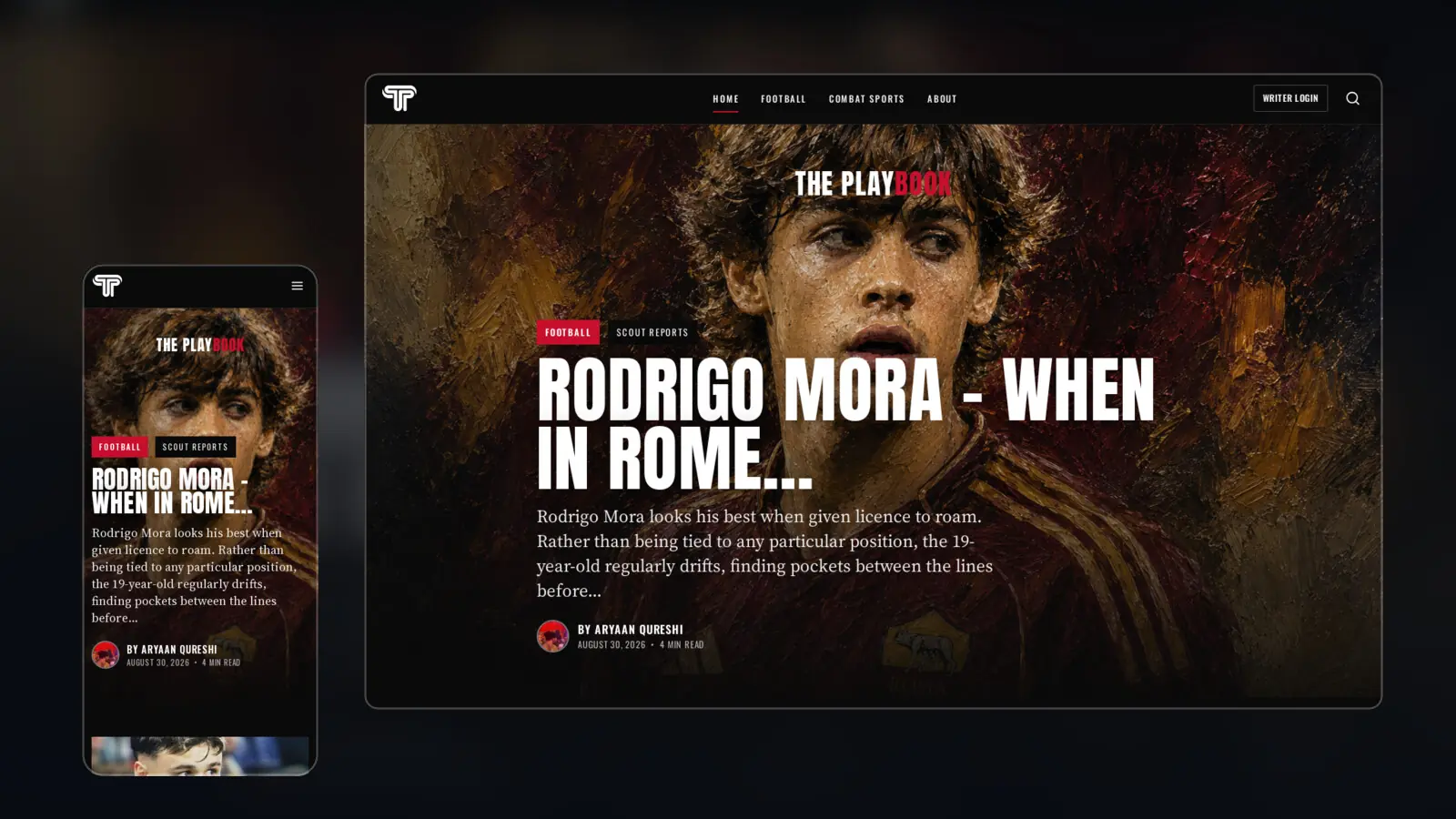 The Playbook homepage on desktop and mobile: a full-bleed art-directed article hero with the section navigation above it.